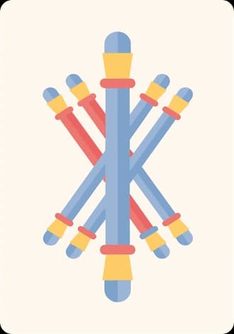 The ace of bati in the Modern deck: long batons crossed behind one upright baton, in flat blue, coral and yellow on cream.