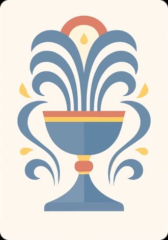 The ace of kupe: a tall blue chalice with a fountain of water arcing from it, in flat blue, coral and yellow on cream.