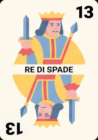 The king of spadi in the Modern deck, labelled RE DI SPADE: a crowned figure holding an upright sword, mirrored top to bottom, with the index 13 in both corners.