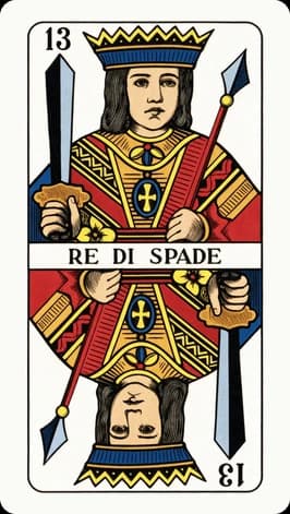 The king of spadi in the Traditional deck, labelled RE DI SPADE: a crowned figure with a sword and a lance in a red, yellow and blue robe, mirrored top to bottom, with the index 13 in both corners.