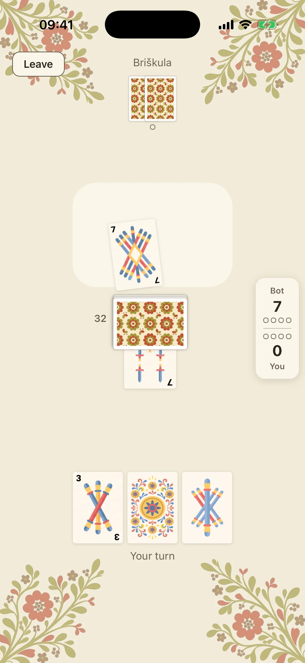 Briškula in play. The opponent has led the seven of bastoni into the centre of the table; three cards sit in hand at the bottom of the screen; the talon shows 32 cards left with the trump card tucked beneath it; the score reads Bot 7, You 0, and the prompt below the hand reads “Your turn”.