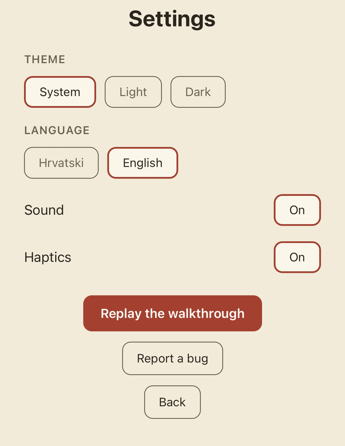 The Settings screen: Theme set to System with Light and Dark alongside it, Language offering Hrvatski and English with English selected, Sound and Haptics both On, and buttons to replay the walkthrough or report a bug.