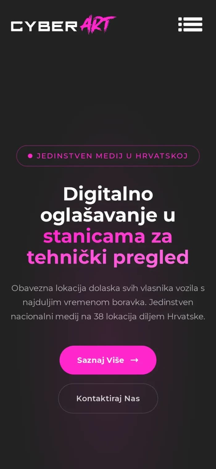 The same CyberArt homepage on a phone, the headline reflowing to five lines and the two buttons stacked.